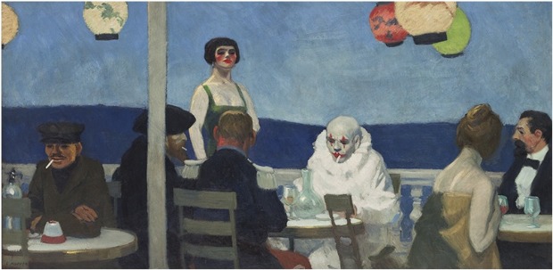 Edward Hopper painting of guests at a party with a clown in white smoking a cigarette and a pale woman with rosy cheeks in the background