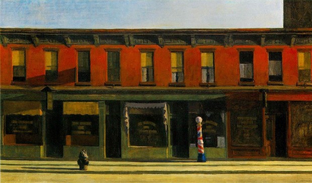 Edward Hopper painting of store fronts in reds and greens with a barber shop red, white, and blue, stand outside