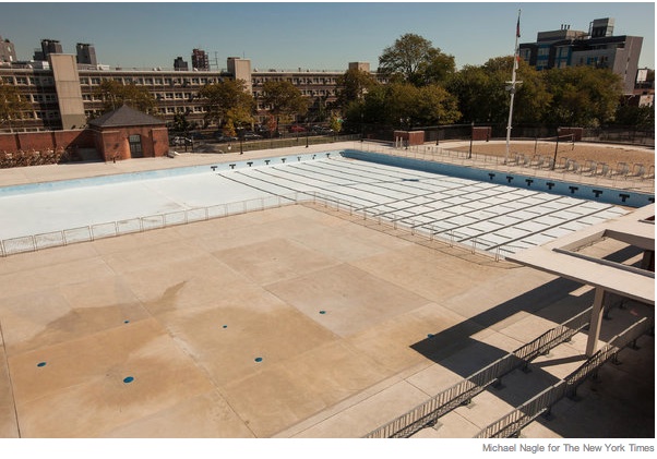 Image of Mccarren's empty concrete pool deck in Williamsburg, which will be re-purposed this year into a new ice skating rink