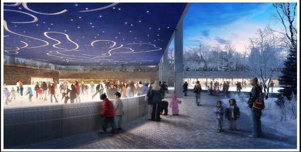 Illustration rendering the up and coming new ice skating rink at Prospect Park Lakeside in NYC