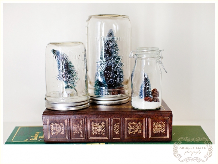 Sitting on a book are three holiday snow globes with christmas threes, pine cones, and snow in them.