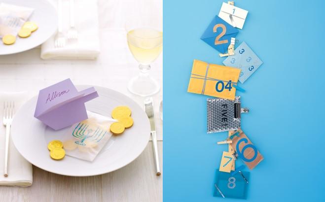 Hanukkah decoration ideas for dressing up your dinner plates with a paper dredel and creating countdown of the days of hanukkah