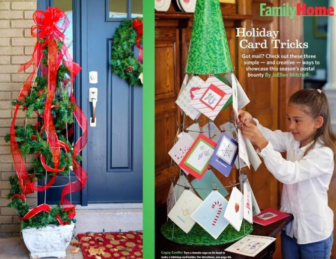 Two images of holiday decorations that were made out of a tomato cage, one is a christmas tree, the other a card holder