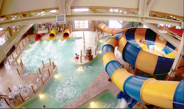 The indoor pool area with blue and yellow slides at the Great Wolf Lodge