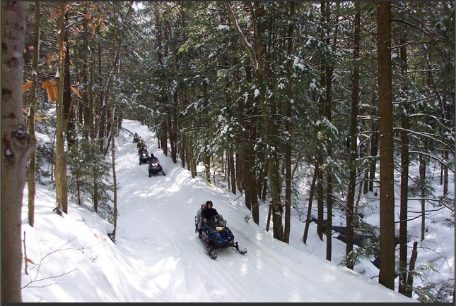 A caravan of snowmobiles ride through the snow covered trails in the forest of Ridin-Hy ranch