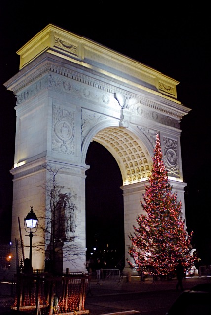 The 45 foot christmas tree in Washington Square Park at night with its lights glowing red