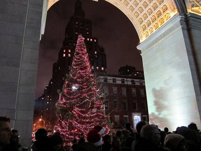 The crowds gathering around Washington Square Park's Christmas Tree to begin the Unsilent Night tradition