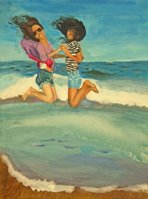 A painting of two young girls jumping up together on the beach, painted at the Art Center Spring classes for teens