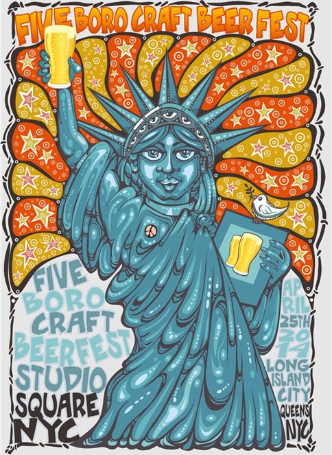 Animated statue of liberty holding a beer for Five Boro Craft Beer Festival 2014 in NYC