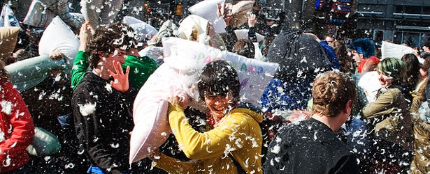 An annual public pillow fight at Washington Square Park in NYC