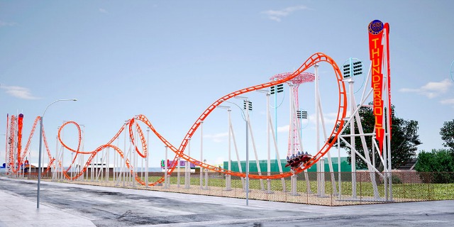 Red thunderbolt looping roller coaster at Coney Island