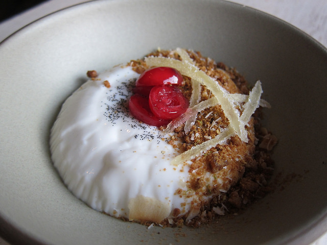 cococunt panna cotta with red cherry topping at Charlie Bird in SOHO