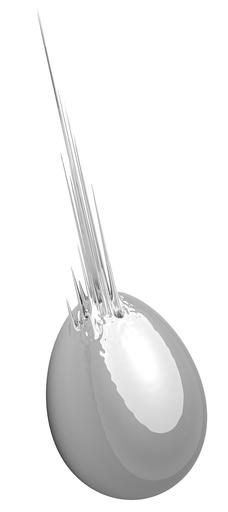 silver egg sculpture by artist Zaha Hadid with skyline coming out of top of egg
