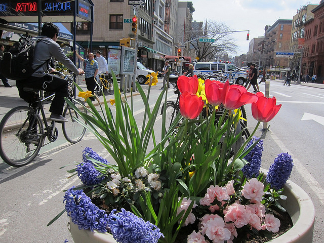 As seen in this photo, with the warm weather comes flowers and lots of bike riding in NYC