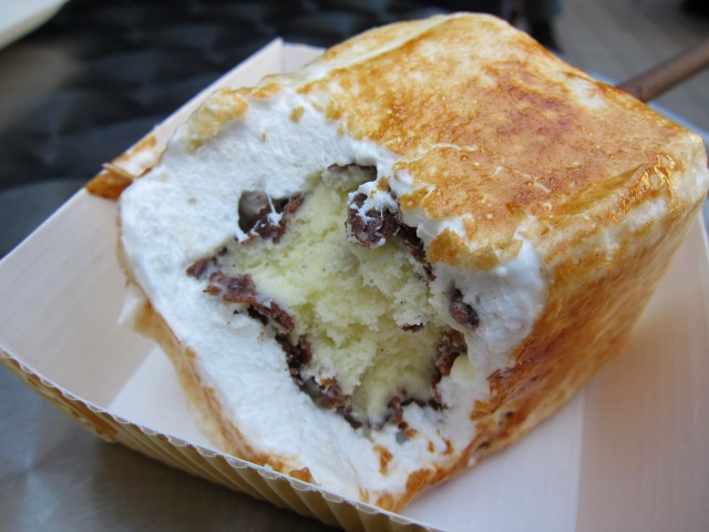 A frozen s'more from Dominique Ansel Bakery, with a layer of marshmallow followed by chocolate and graham cracker