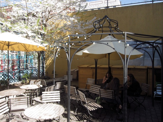 People sitting in the picnic looking seating area with outdoor tables, chairs, and umbrellas