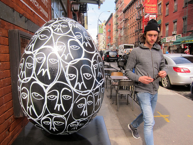 Lage black egg with faces painted on it for Big Egg Hunt NYC 2014