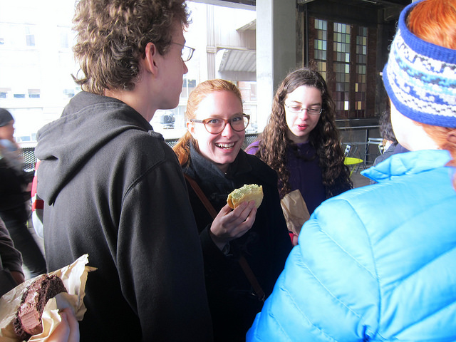Group of young adults enjoying ice cream sandwiches at High Line