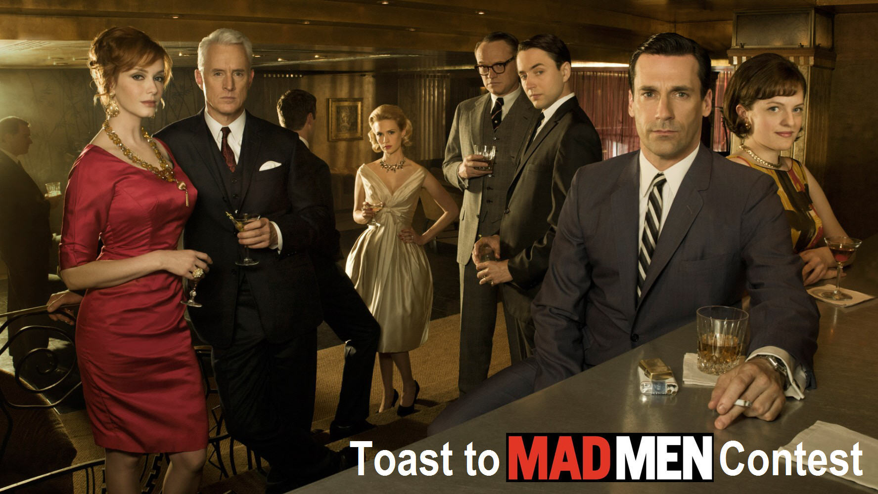 an image of the cast of Mad Men in a bar drinking cocktails