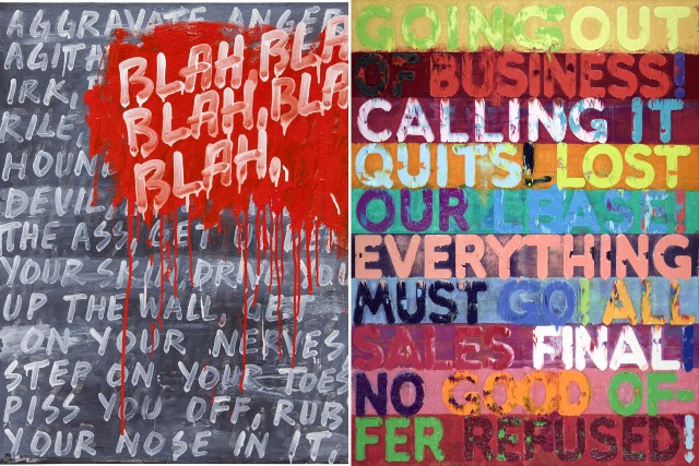 An image of Mel Bochner's artwork of colorful text entitled "Strong Language" now at the The Jewish Museum
