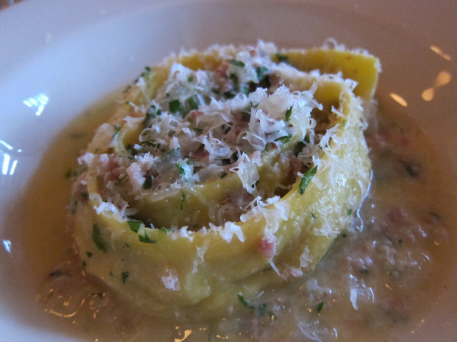 A close up of sutffed pasta from Andrew Carmellini's new restaurant, Bar Primi