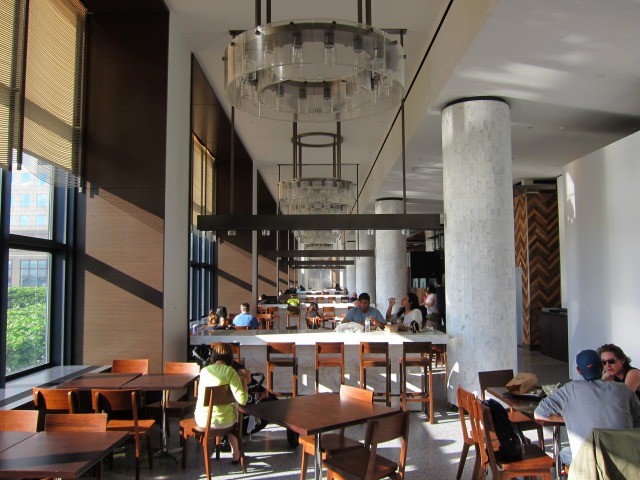 From this picture of the interior of Hudson Eats you can see how large the space is and how high the ceilings are, creating a really open space.