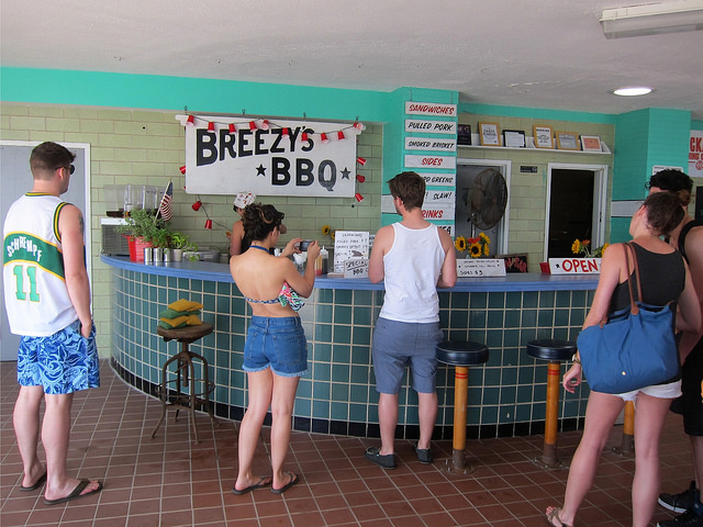 A line forms to try the ewcomer food option, Breezy's BBQ, at Rockaway Beach.