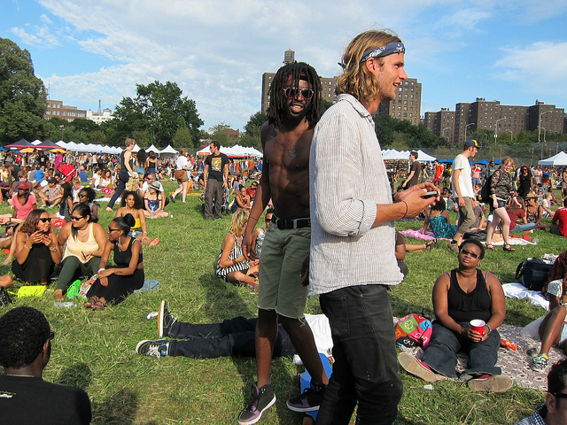 Two bros hanging out in the crowd at NYC's Afropunk festival in Brooklyn