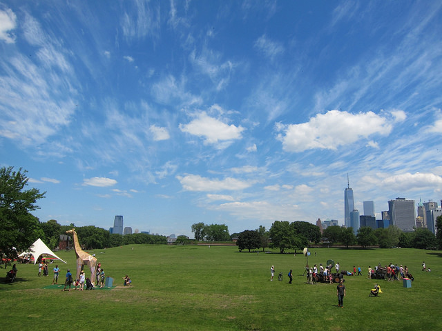 A shot of the blue sky and NYC skyline from Govenor's Island