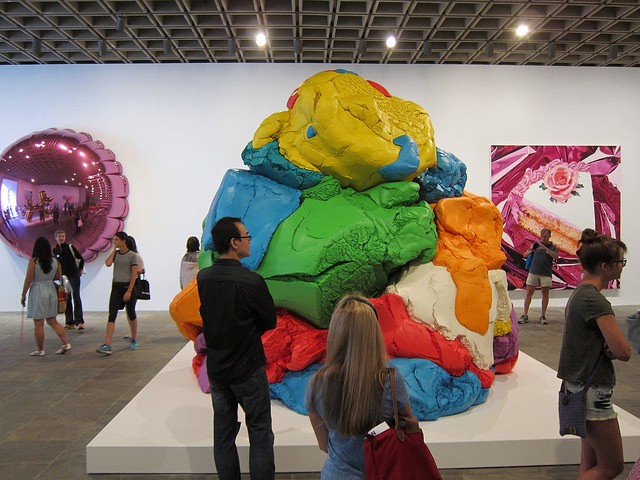 A bright, colorful large sculpture of play-doh by artist Jeff Koons at his retrospective at the Whitney Museum.