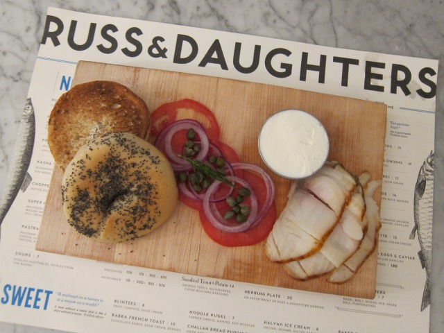 Bagels, smoked fish and tomato and onions from Russ & Daughters Cafe