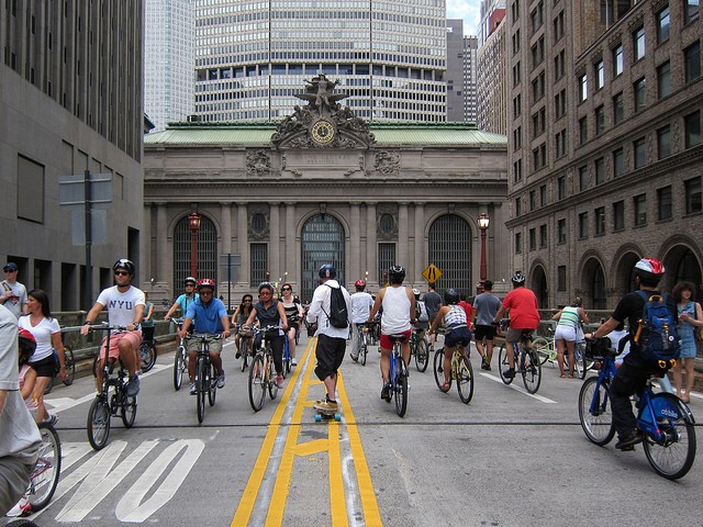 Bikers, skaters and walkers take advantage of the seven car-free blocks at NYC's Summer Streets