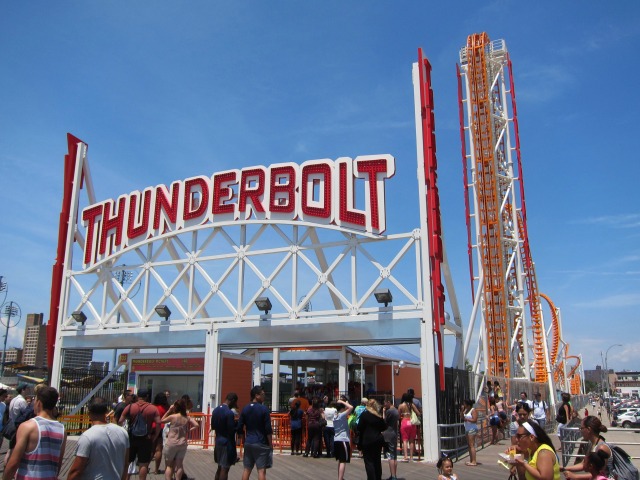 On Coney Island walking towards the roller coaster, you'll see this gigantic sign: "Thunderbolt" 