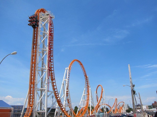 An image of the entire roller coaster that was just opened on Coney Island, called the Thunderbolt