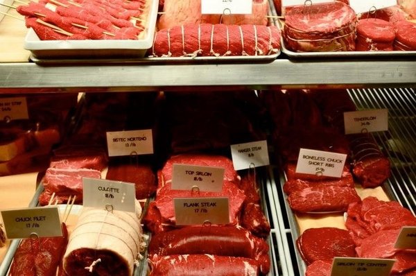 A display case fill with assorted meat and beef at a butcher shop in NYC