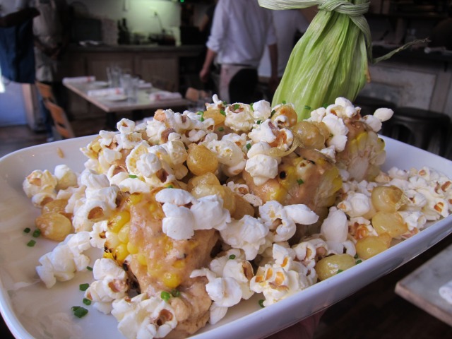 Corn on top of corn! Roasted corn from Root & Bone topped with popcorn.