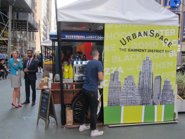A sign for UrbanSpace's new pop-up market in the Garment District