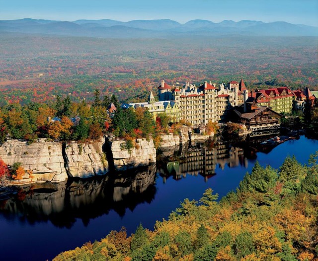 An aerial view of the beautiful Mohonk Mountain House in the Hudson Valley