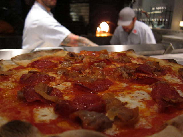 A meatlover's joy. The Macellaio pie, with sopressata, sausage, and guanciale from Marta