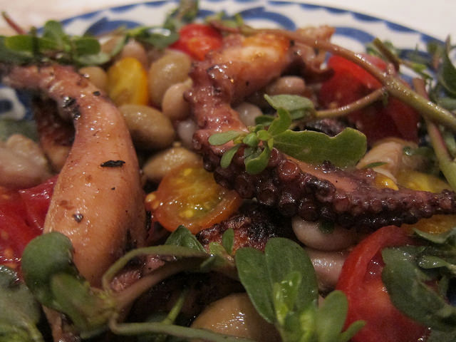 A detailed photo of the charred octopus salad from GG's in the East Village