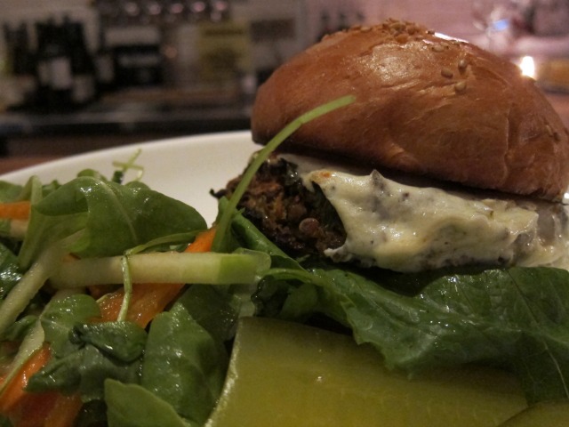 A close-up of the delicious veggie burger at Communal Oven & Earth in the Upper West Side. 