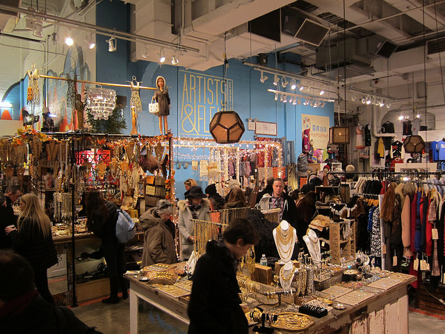 An interior shot of the vendors Artist and Fleas in Chelsea Market. 