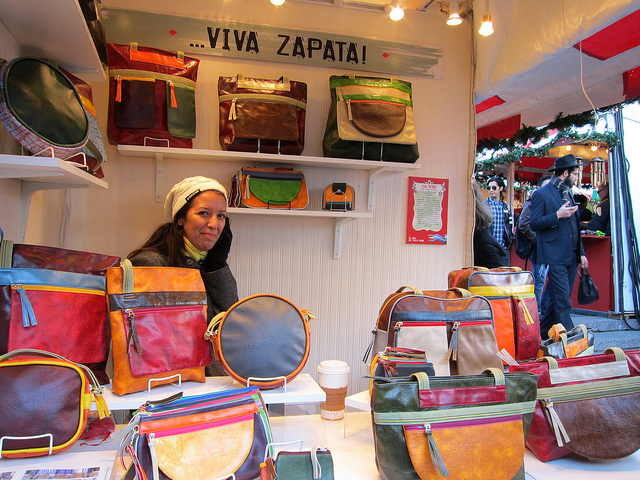 A vendor selling bags at Union Square's Holiday Market