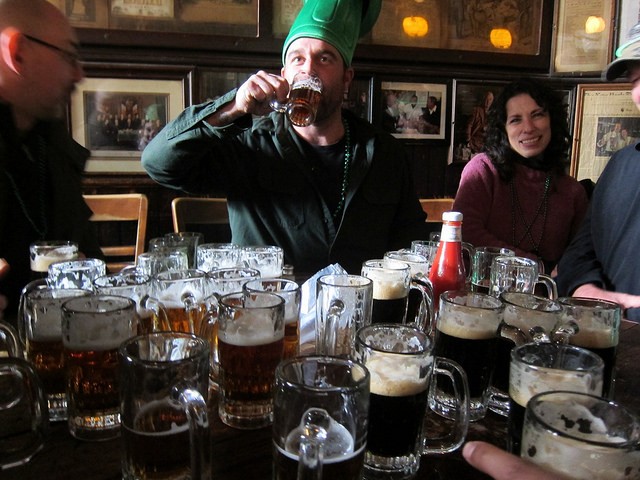 Drinking beer on St. Patrick's Day at McSorleys in Manhattan.