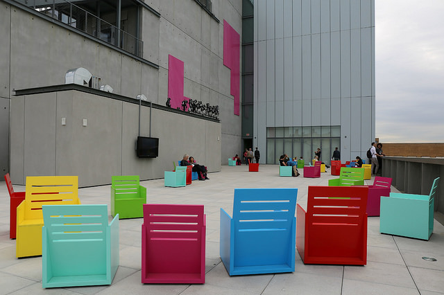 Colored chairs on the terace at the downtown Whitney
