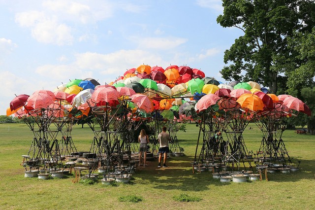 Organic Growth by Izaskun Chinchilla Architects: a sculpture made of bicycle wheels and umbrellas at Governors Island.