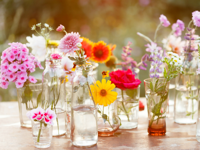 An arrangement of multiple different types of flowers in clear glasses
