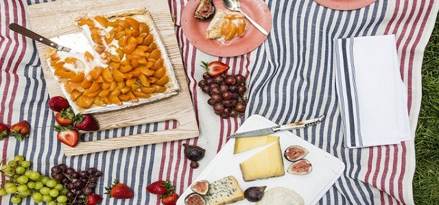 A picnic basket with strawberries, grapes, and cheeses on plates on a colorful striped picnic blanket in a park with green grass during the day.