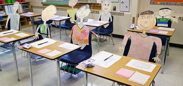 A bright classroom filled with drawings of students sitting at desks with paper and pens ready to learn.