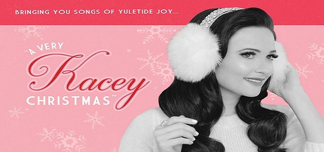 An ad for "A Very Kacey Christmas" with pink and white coloring and snowflakes in the background of Kacey Musgraves.